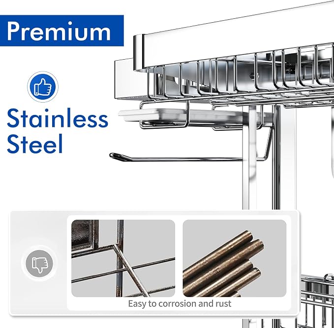 LIVOD Over The Sink Dish Drainer Drying Rack, 2 Tier Full Stainless Steel Storage Adjustable Length Kitchen Rack, Multifunctional Expandable Counter Organizer, Space Saver Dish Rack - Image 4