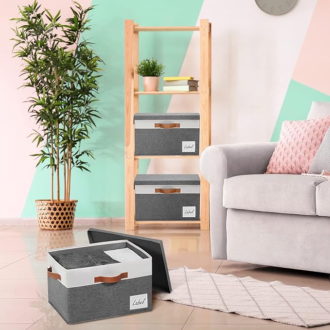 GhvyenntteS 6 Pack Fabric Storage Bins with Lid, Large Closet Storage Bins with Lid and 3 PU Handles, Foldable Fabric Storage Boxes with Label Window for Home Bedroom Office (Grey, Large) - Image 6