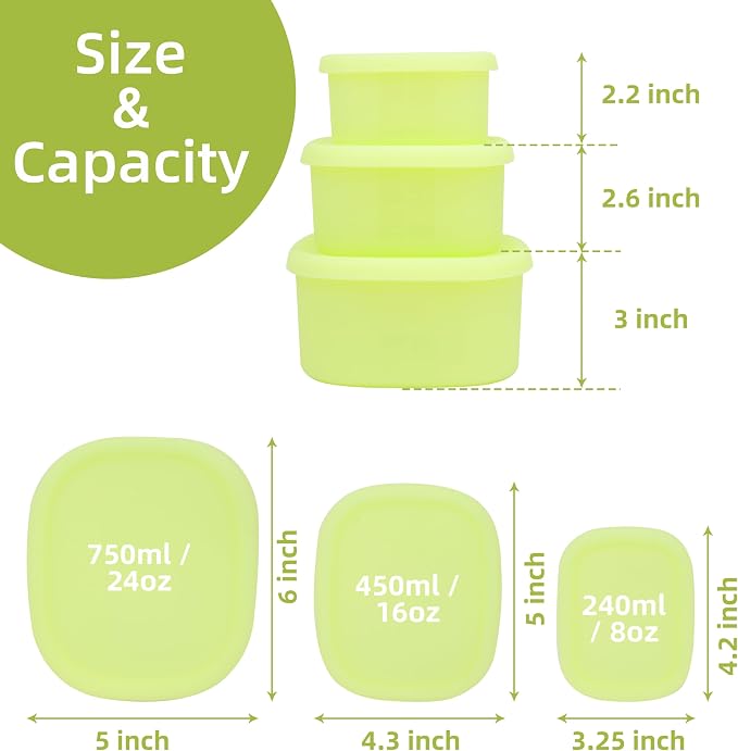 Silicone Food Storage Containers with Airtight Lids, Set of 6, 8oz + 16oz + 24oz, Nesting Meal Prep Container for Lunch, Leftovers, Fruits, Dishwasher & Microwave & Freezer Safe, Green + Blue - Image 3