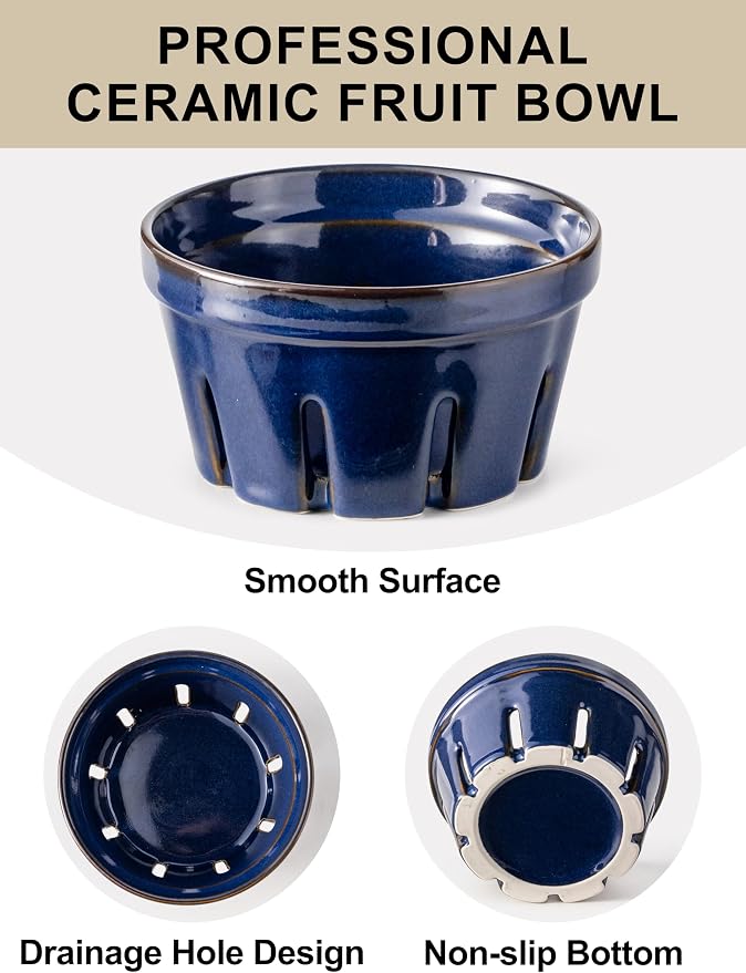Gomakren Ceramic Berry Basket Set of 2, Fruit Bowl with Holes, Cobalt Blue | Drain Holes Keep Berries Fresh, Stackable Space-Saving, Dishwasher Safe, Versatile Fruit Serving & Farmhouse Kitchen Decor - Image 8