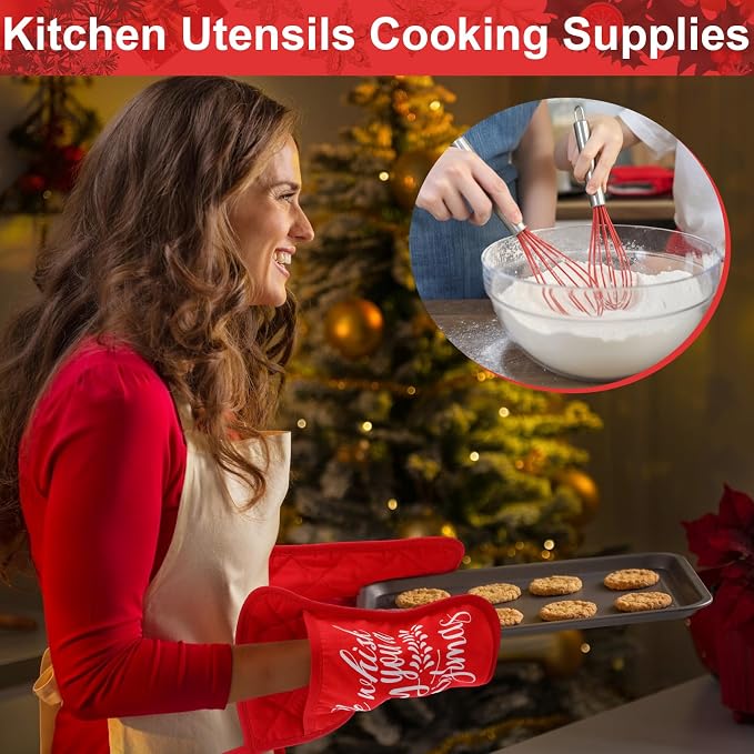LemonRoad 12 Sets Christmas Whisk Baking Gift Set Xmas Silicone Whisks Oven Mitt Pot Holder Greeting Cards Ribbon Bags for Holiday Kitchen Utensils Cooking Supplies Neighbor Gift(Classic,Red) - Image 5