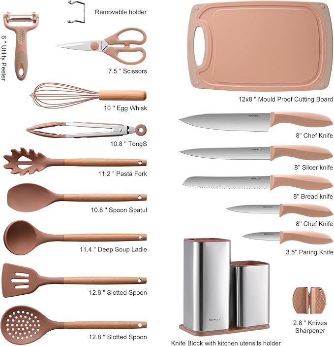 Utensil Sets,18-Piece Silicone Cooking Utensils and Knife Set,Mousse | Dishwasher-Safe Kitchen Utensils,Large Capacity Countertop Organizer for Knives,Utensils,Cutting Board - Image 7
