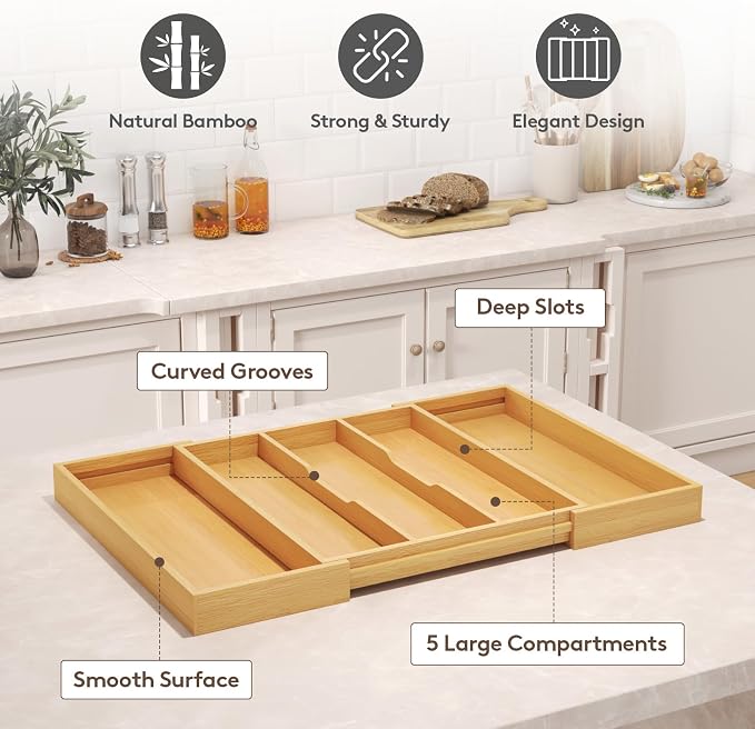 Lifewit Utensil Organizer for Kitchen Drawer, Expandable Cooking Utensil Tray, Cutlery Silverware Flatware Holder, Wood Adjustable Spatula Tools Storage Divider, 15.6-28 x 18.5, Natural - Image 8