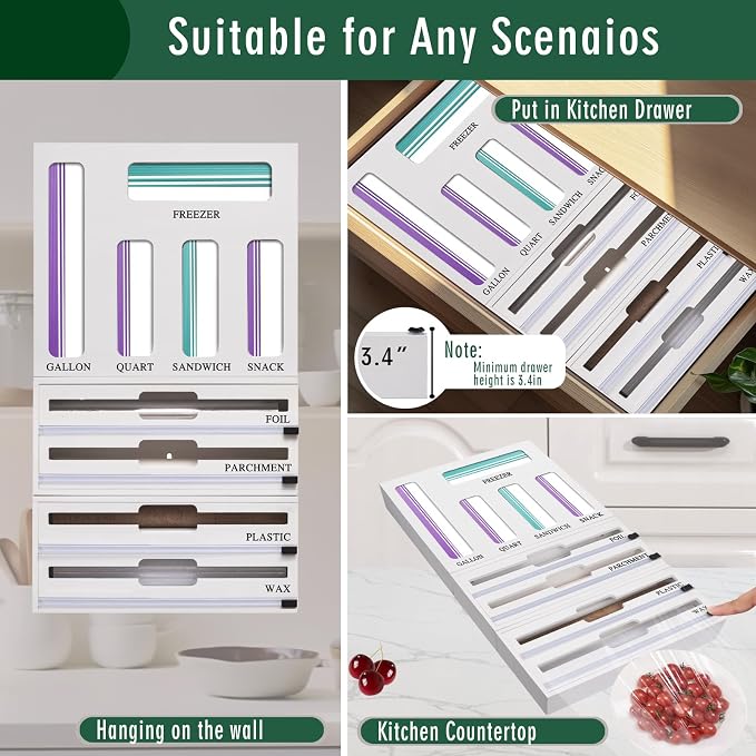 9 In 1 Storage Bag Organizer And Plastic Wrap Dispenser With Cutter, Bamboo Foil and Plastic Wrap Organizer - Image 5