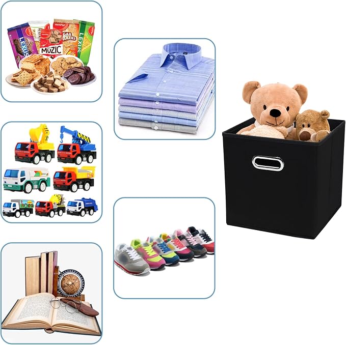 Black Fabric Cubby Storage Bins,13x13x13 Inches ,Cube Organizer Bin Foldable Storage Boxes with Dual Handles Fabric Organizer Box and collapsible Storage basket,Set of 6,Black - Image 3