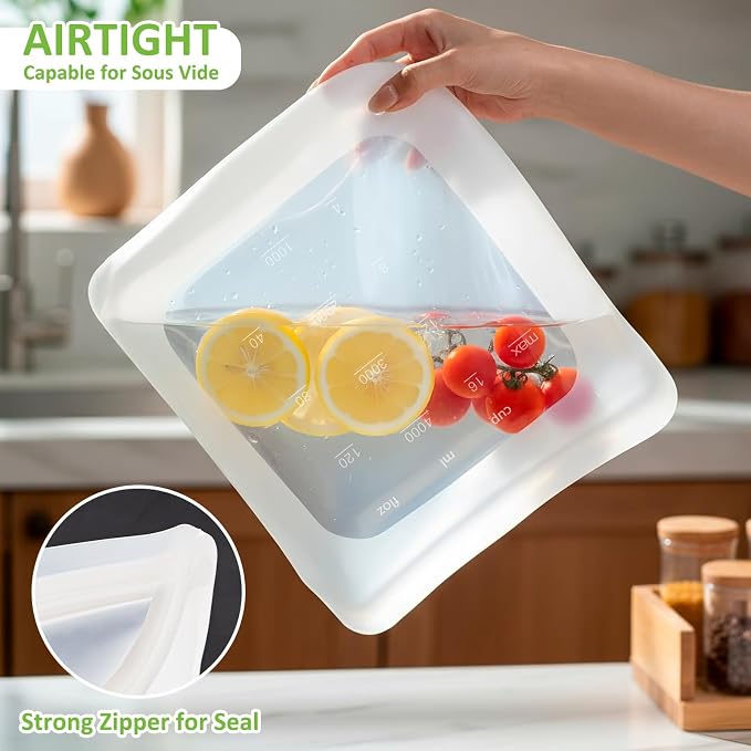 100% Silicone Gallon Storage Bags, Extra Large Reusable 1 Gallon Silicone Storage Bags Stand-Up Zip-Lock Leakproof for Bulk Food & Large Portions, Freezer Microwave Sous Vide Dishwasher Safe, 2 Pack - Image 5