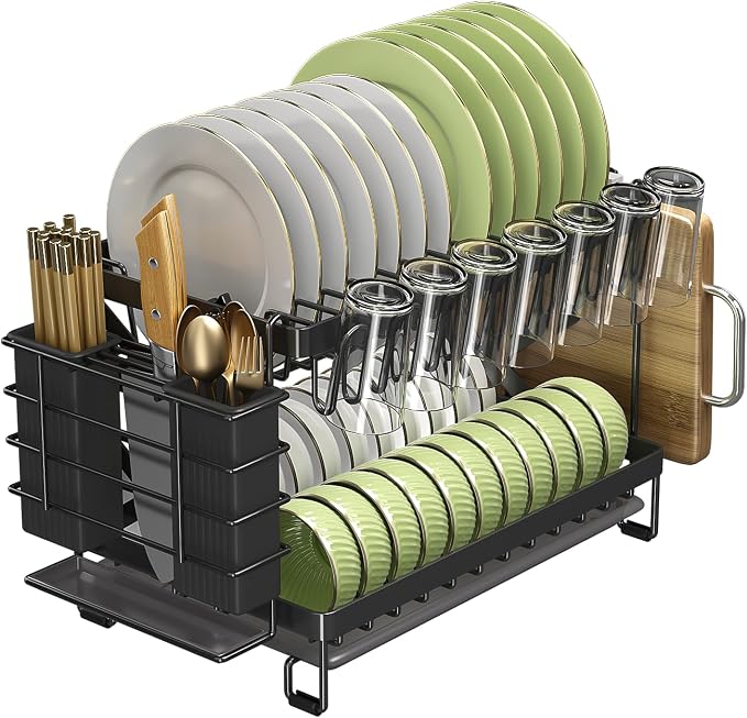 Good Grips Carbon Steel Fold Flat Dish Drying Rack, 2-Tier, with Drainboard, for Kitchen Counter, Collapsible (Black) by LMingKun