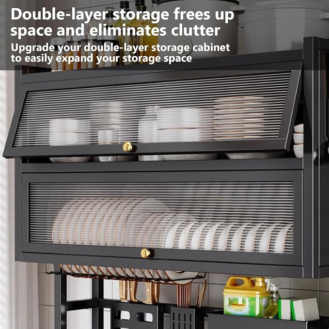 Double-Layer Dish Rack Kitchen Above the Sink Dish Drain Multi-Layer Dish countertop Multi-Function Storage Drain Board Drying kit(Black,65cm/25.6in) - Image 3