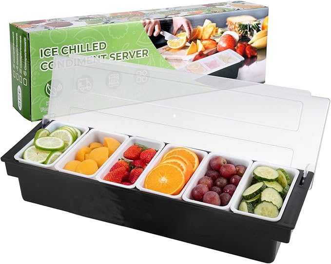 WICHEMI Ice Chilled Condiment Caddy with 6 Removable Trays and Lids | Condiment Container, Taco Bar Serving Tray, Fruit & Garnish Trays Serving Platter for Salad, Party Supplies & Bar Accessories by WICHEMI