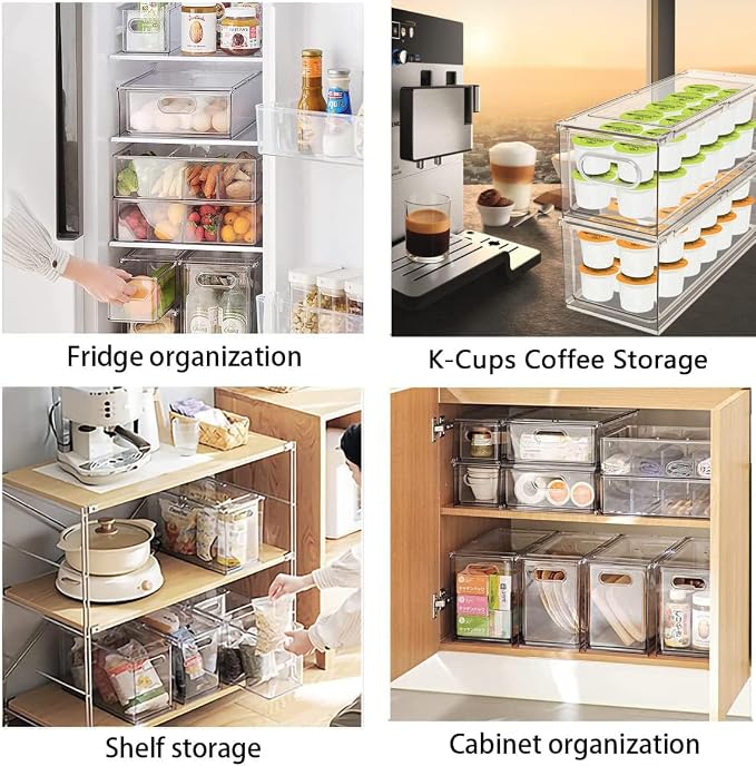 MANO Fridge Drawer Pull Out Stackable Bins with Handle Clear Refrigerator Drawers Organizer Food Storage Container Box with Dividers Plastic Produce Saver for Pantry, Cabinet, Kitchen, Clothes（4Pack） - Image 2