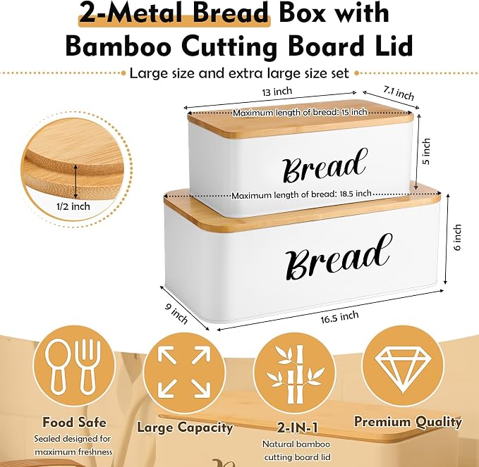 Teenyyou 2 Pcs Extra Large Bread Box with Slicer, Metal Bread Storage Container with Bamboo Cutting Board Lids, 2 Sizes Farmhouse Breadbox Set for Kitchen Countertop(White) - Image 2