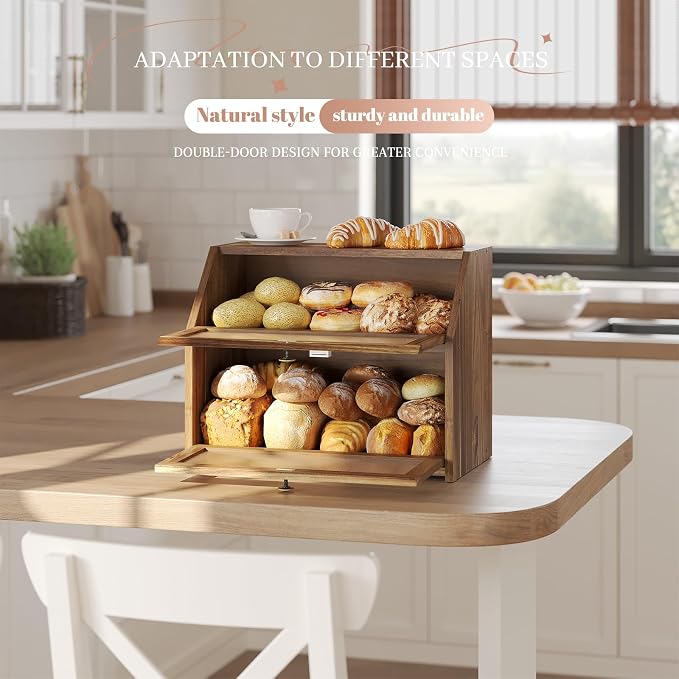 STDDRE Bread Box for Kitchen Countertop Large Double-Layer Wooden Corner Bread Box Farmhouse Bread Storage Bin Acacia Wood (Brown, Large) - Image 4