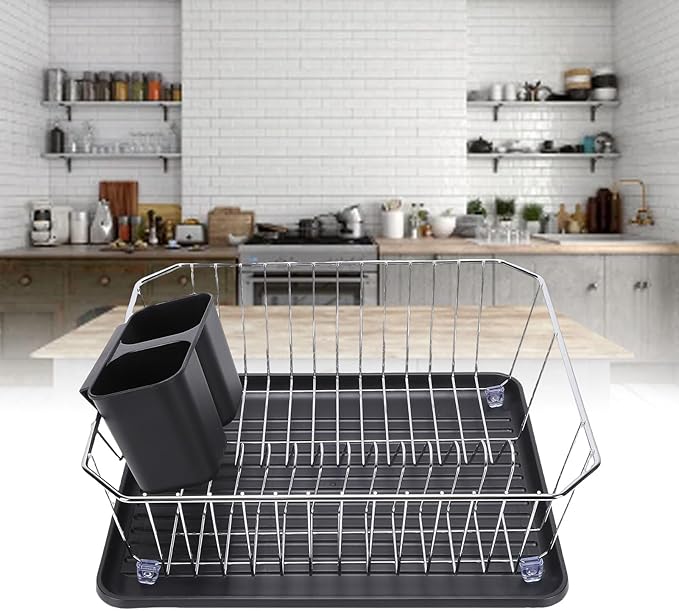 Asixxsix Dish Drying Rack, Anti Rust Coated Dish Drainer with Utensil Holder and Drainboard, Sink Organization and, 14" x 12" x 5" for Home and Apartment Decor (Silver) - Image 5