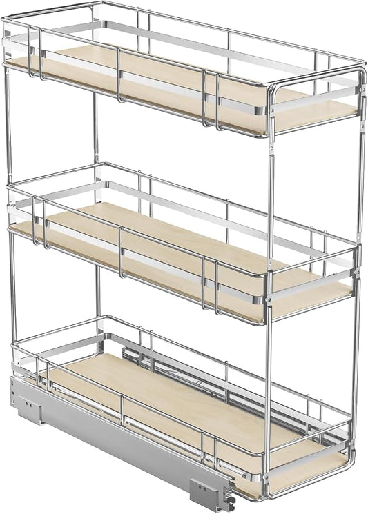 ROOMTEC 3-Tier Pull Out Cabinet Organizer Spice Rack for Narrow Cabinet 8" W x 20½" D, Slide Out Wood Shelves Storage for Kitchen by ROOMTEC