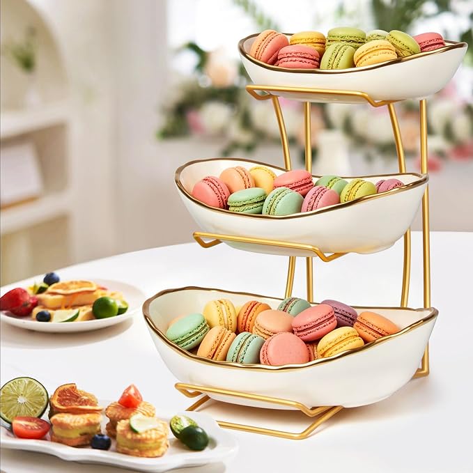 Fruit Bowl for Kitchen Counter, 3 Tier Fruit Basket for Counter, Ceramic Holder, Tiered Stand with Metal Stand, Detachable Rack for Fruit Vegetable Snack Dessert Storage (White) - Image 7