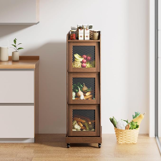 4 Tier Narrow Potato Storage Bin, Tall Wood Potato and Onion Storage Bin with Wheel, Movable Fruit and Vegetable Basket, Food Small Kitchen Pantry Cabinet, Wooden Bread Box, Walnut, Sliding Door - Image 2