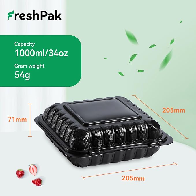 55-Pack 8x8 34oz Meal Prep Containers - Shrink Wrap Ready to Use | Heavy Duty Clamshell To-Go Boxes | BPA-Free & Stackable | Microwave, Freezer & Dishwasher Safe for Leftovers, Catering - Image 4