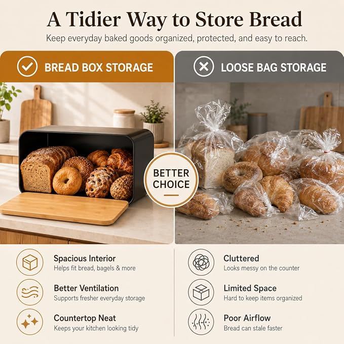 Bread Box, Black Metal Bread Storage Container with Bamboo Lid Usable as Cutting Board, Large Breadbox Holder for Kitchen Countertop, Bread Keeper for Loaves, Bagels, Pastries and Rolls - Image 7