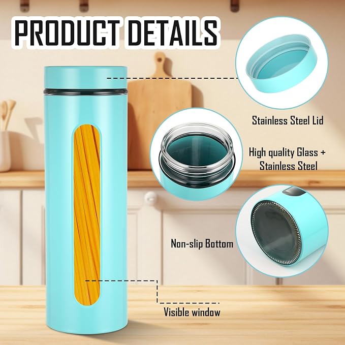 Patelai 6 Pack Kitchen Canisters Set Airtight Stainless Steel Canister Food Storage Container with Window Glass, Coffee Sugar Candy Jars Tea Organizer for Flour Cookies Spice(Turquoise,60 oz) - Image 3