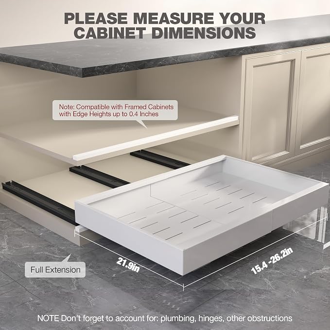 Seinloes 2 Pack Pull Out Cabinet Organizer 22" Deep,Full Extension 3 Slide Rails Slide Out Drawers With Raising Pad for Framed Cabinets,Expandable Width (15.4"-26.2"),No Drill Roll Out shelf,White - Image 6