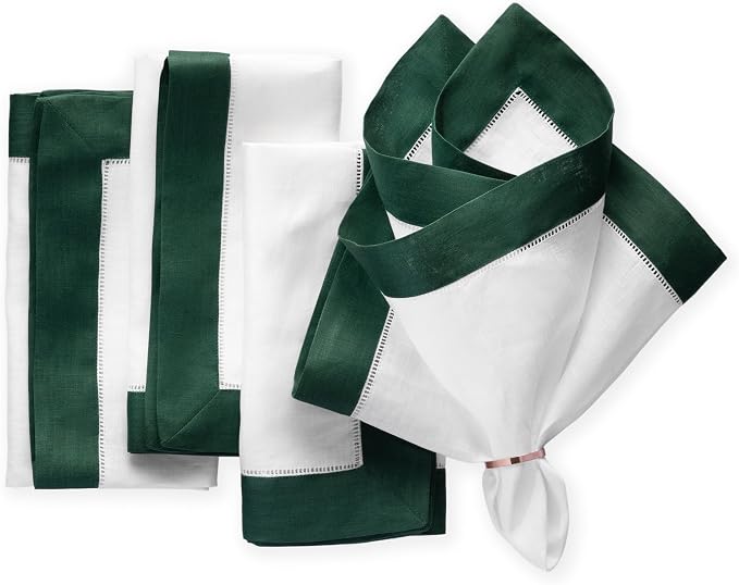 Linen Napkins 20 x 20 inch - 100% Flax Linen White and Green Dinner Napkins Set of 4 - Hemstitch Cloth Napkins Washable for St Patrict Day, Easter, Winter and Spring Decor by OlucioAuthentiqueHome