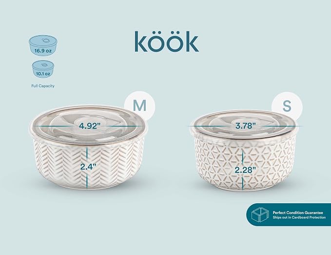 KooK Serving Bowls, with Lids, Ceramic Nesting Bowls, Set of 4, Embossed, Kitchen, Prep, Stackable, Gift, Microwave and Dishwasher Safe, 10/16/29/47 oz, Narbonne Collection (Ivory) - Image 9