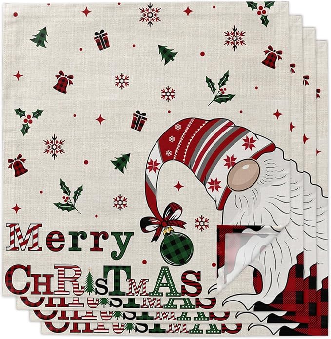 Christmas Cloth Napkins Set of 4, Xmas Gnomes Winter Snowflake Berry Botanical Rustic Dinner Napkins Cloth Washable, Cocktail Napkins Reusable for Wedding, Party, Birthday (20"x20") by Unknown