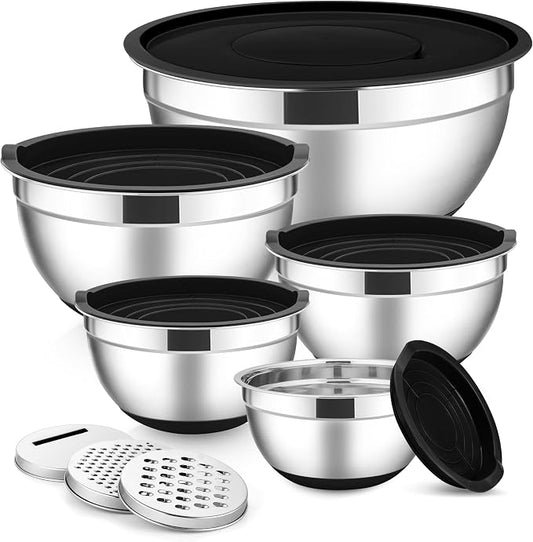 E-far Stainless Steel Mixing Bowls with Lids Set, 5-Piece Nesting Salad Bowls with 3 Grater Attachments and Non-Slip Bottoms, Size 4.6, 2.6, 2, 1.5, 1QT for Kitchen (Black) by E-far