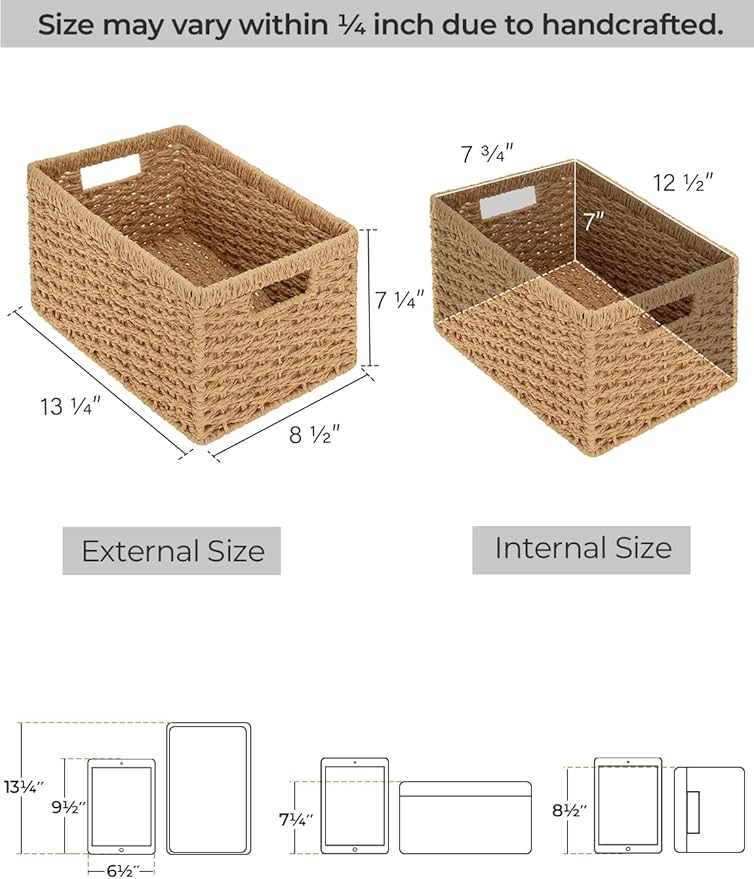 StorageWorks Wicker Storage Baskets for Shelves, Paper Rope Basket, 2-Pack | Rectangular Wicker Storage Baskets, Wicker Basket with Handles, Pantry Organizer and Storage, Woven Baskets,13"L x 8¼"W x 7"H - Image 2