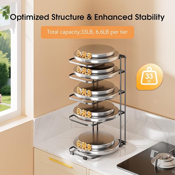 5-Tier Pot and Pan Organizer 16.6", No Assembly Cookware Rack 1-Pack | One-piece Design, Multi-height Layered,Anti-Tip Structure, Dual Vertical & Horizontal Use, Fits Cast Iron Pans & Dutch Ovens - Image 5