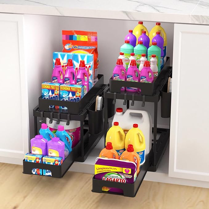 Pack of 2-Under Sink Organizer, Multi-Purpose Under Cabinet Storage with Hooks Hanging Cups, Heavy Load pull-out 2-Tier Under Sink Storage Organizer and Large Capacity Bathroom Cabinet (Black) - Image 4