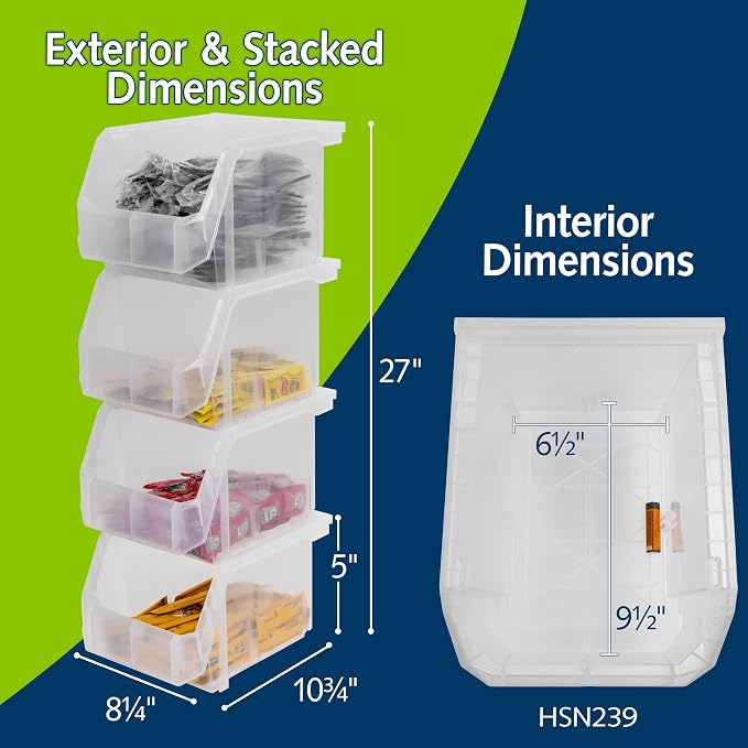 Medium-Tall Stackable Plastic Storage Bins, 4-Pack, Clear | Open-Front Stackable Bins For Garage, Pantry, Closet & Office, 7"L X 11"W X 8"H, Nests When Empty, Durable Plastic, - Image 2