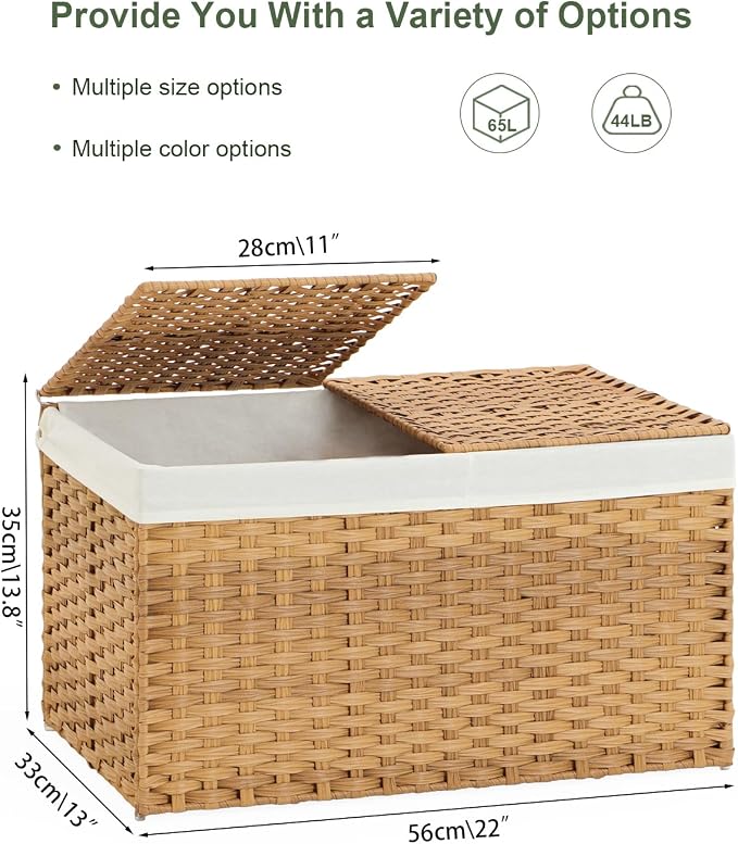 SETVSON Storage Basket with Lid Rattan Woven Storage Baskets with 2 Separate Lids, 17.2 Gallon (65 L), 22 x 13 x 13.8 Inches,Foldable, 2 Removable Liner Bags Handles for Bedroom, Laundry Room Natural - Image 4