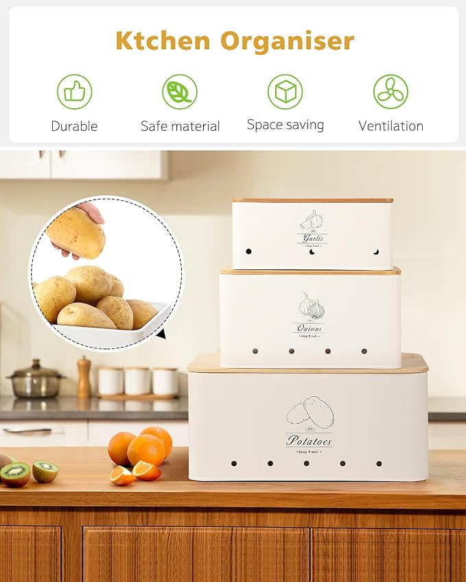 Kitchen Vegetable Storage Tins Set of 3 for Potatoes, Onion, Garlic, Vegetable Storage Containers with Ventilation and Bamboo cover, White metal material, Potato and Onion bin for Pantry - Image 2