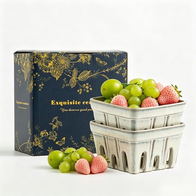 Ceramic Berry Basket, 6" Colander Set of 2 with Holes | Drainage holes help excess water flow away after washing berries, grapes, cherries, tomatoes, and fresh fruit by Unknown