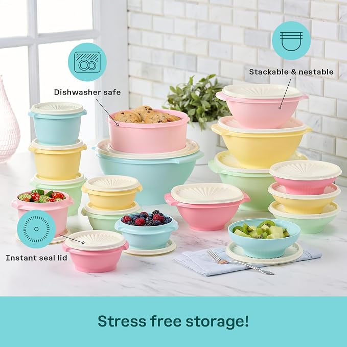 Tupperware Heritage 36-Piece Vintage Pastel Set (18 Containers + 18 Lids) | Plastic Food Storage Containers with Secure Lids, BPA-Free Materials, & Dishwasher-Safe for Kitchen Storage or Meal Prep - Image 5