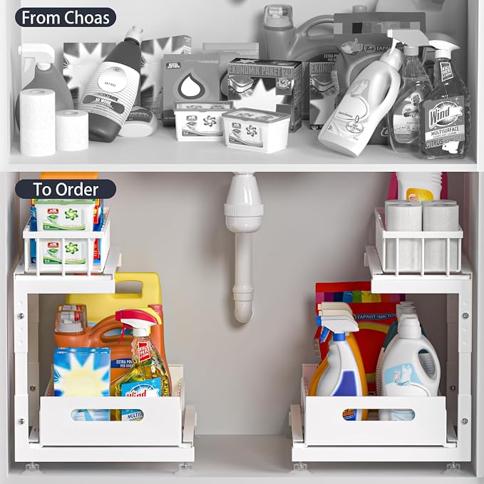 2-Pack L-Shaped Under Sink Organizer, 2-Tier Pull-out Cabinet Rack | White Height-Adjustable Metal Rack, Sliding Grid Drawers with Safety Stopper, Holds 100 Lbs, Ideal Kitchen Cabinet Storage - Image 2