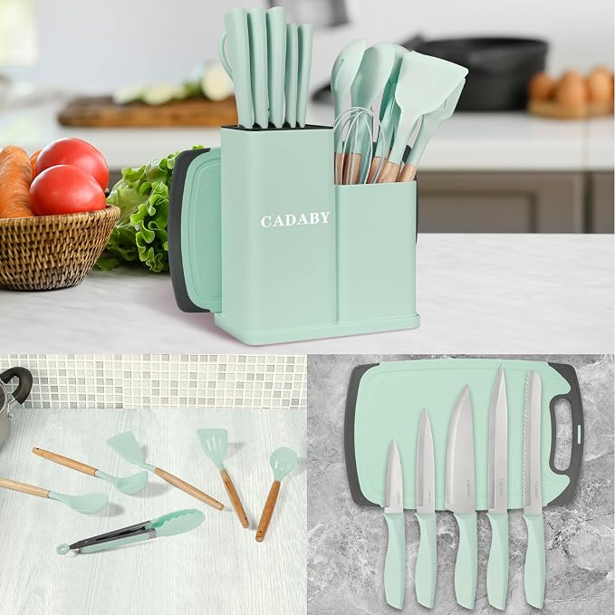 19PCS Green Kitchen Cooking Utensils Set Kitchen Tools Set | 6 Stainless Steel Knives, 11 Silicone Utensils with 1 Cutting Board, Ideal for Apartment - Image 9
