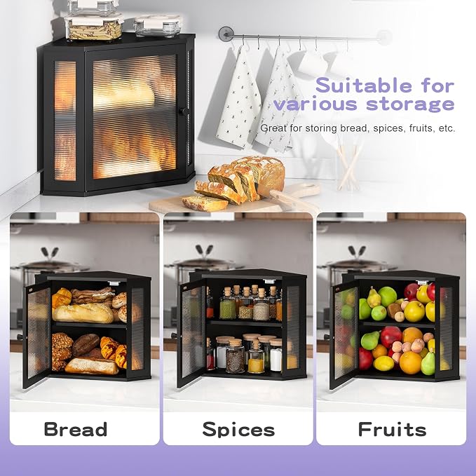 Corner Bread box for Kitchen Countertop,Farmhouse Acrylic Wavy Door Panel Food Storage Large White Bread box Container - Image 7