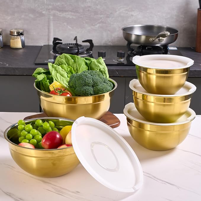 Gold Mixing Bowls with Airtight Lids, Stainless Steel Nesting Mixing Bowls Set of 5, Ideal for Baking, Prepping and Serving Food, Size 5.5, 3.6, 2.7, 2.1, 1.5, QT, Stackable Design - Image 6