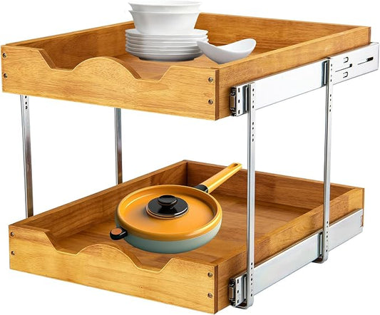 DINDON 2 Tier Wood Pull Out Cabinet Organizer (17" W x 18" D) Heavy-Duty Metal Sliding Drawer Shelf, Two Tier Pull Out Shelves for Kitchen Cabinets, Pantry, Bathroom… by DINDON
