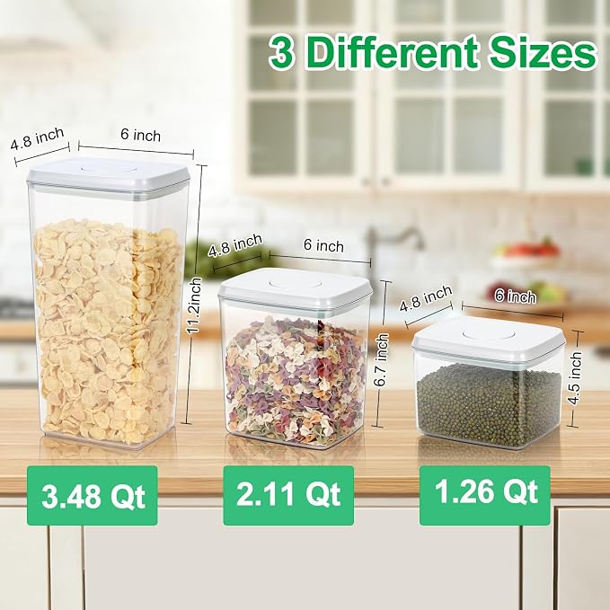 TBMax Flour Sugar Storage Container 3Pack 1.26+2.11+3.48 Quart, Airtight Food Storage Containers with Pop Up Lid & Measuring Scoop for Kitchen Pantry Organization - Image 3