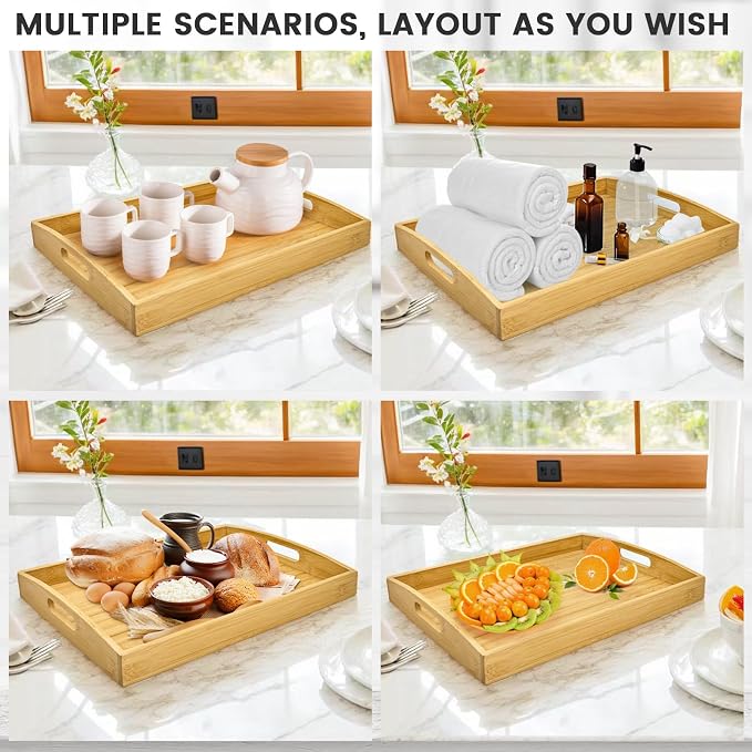 Bamboo Serving Tray Set of 4, Bamboo Trays with Handles | Decorative bamboo serving trays for serving, storage,kitchens, living rooms,bathrooms, outdoor scenarios and more - Image 6