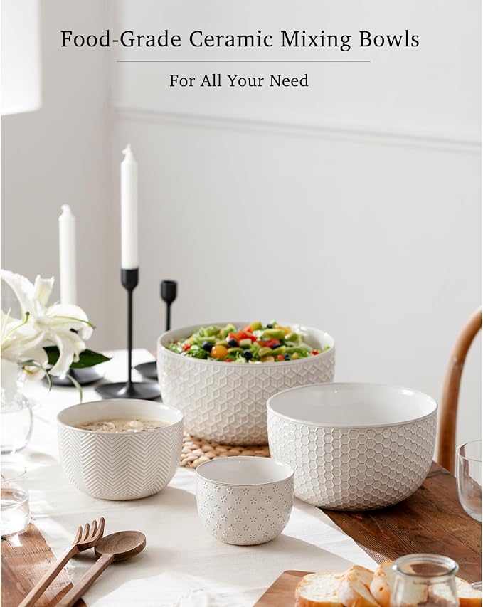 Ceramic Mixing Bowls, Embossed Nesting Bowls Set of 4, Mixing Bowl Set for Serving, Baking, Cooking and Gift, Microwave and Dishwasher Safe, 20/47/99/148 oz, Off-White - Image 8