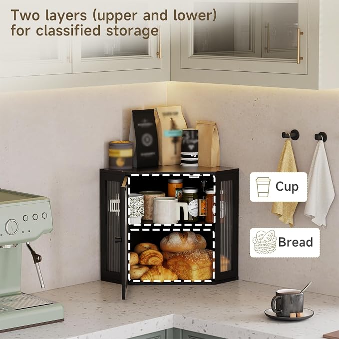 Corner Bread Box for Kitchen Countertop,Bread Storage Bin (Black, Medium) | Double Layer Large Capacity Bamboo Bread Container with Acrylic Door,Height Adjustable - Image 4