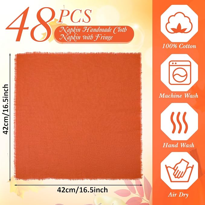 48 Pcs Cotton Linen Cloth Napkins with Fringe 16.5 x 16.5 Inch Square Rustic Dinner Linen Napkins Bulk for Wedding Party Banquet Dinner(Terracotta) - Image 2