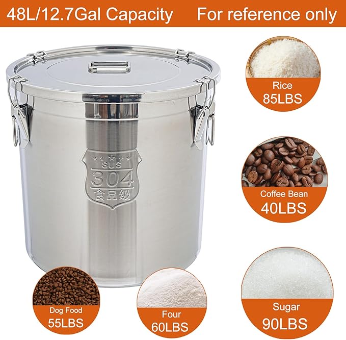 DYNAMI 12.7Gal 304 Stainless Steel Rice Storage Container,Extra Large Food Grade Canister,40-90Lbs Sealed Rice Bucket with Airtight Lid and Locking Buckle,for Rice, Flour, Grain (48L) - Image 3
