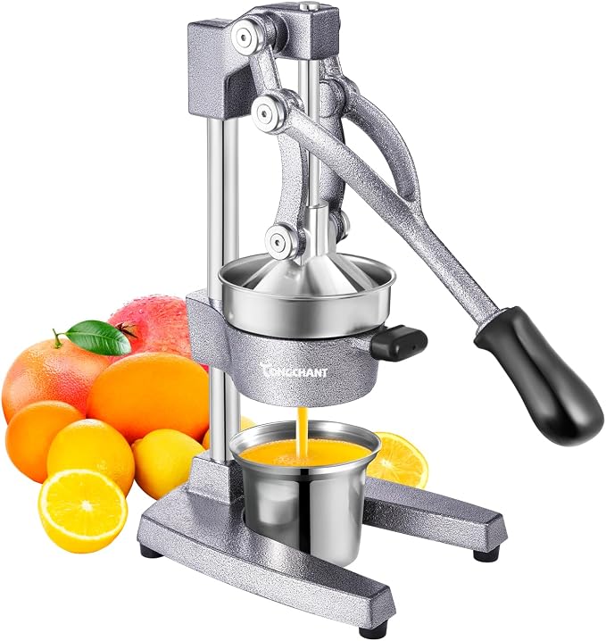 TONGCHANT Cast Iron Manual Juicer for Orange Lemon Lime Pomegranate &Citrus | Heavy Duty Orange Juicer Squeezer, Hand Press Juicer, Citrus Press, Stainless Steel Cup, Easy to Clean, Silver by TONGCHANT