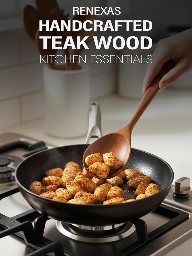Kitchen Utensils Set, 9 Piece Teak Wooden Utensil Set for Cooking, Premium Teak Cooking Utensils, Non Toxic Wooden Spoons & Spatulas, Heat Resistant Kitchen Tools for Nonstick Cookware - Image 5