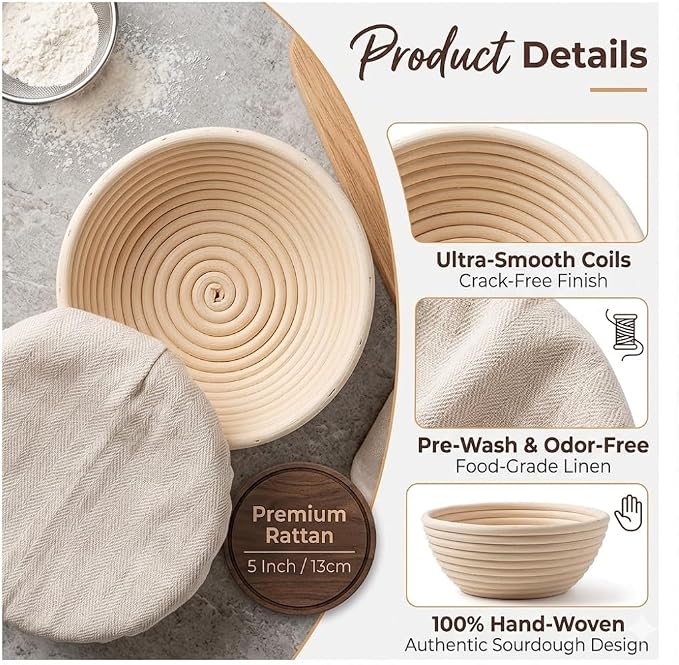 6 Pack Mini Round Banneton Proofing Basket Set 5 Inch, Natural Rattan Small Sourdough Bread Baskets with Linen Liners, Dough Baking Bowls for Professional & Home Bakers - Image 3